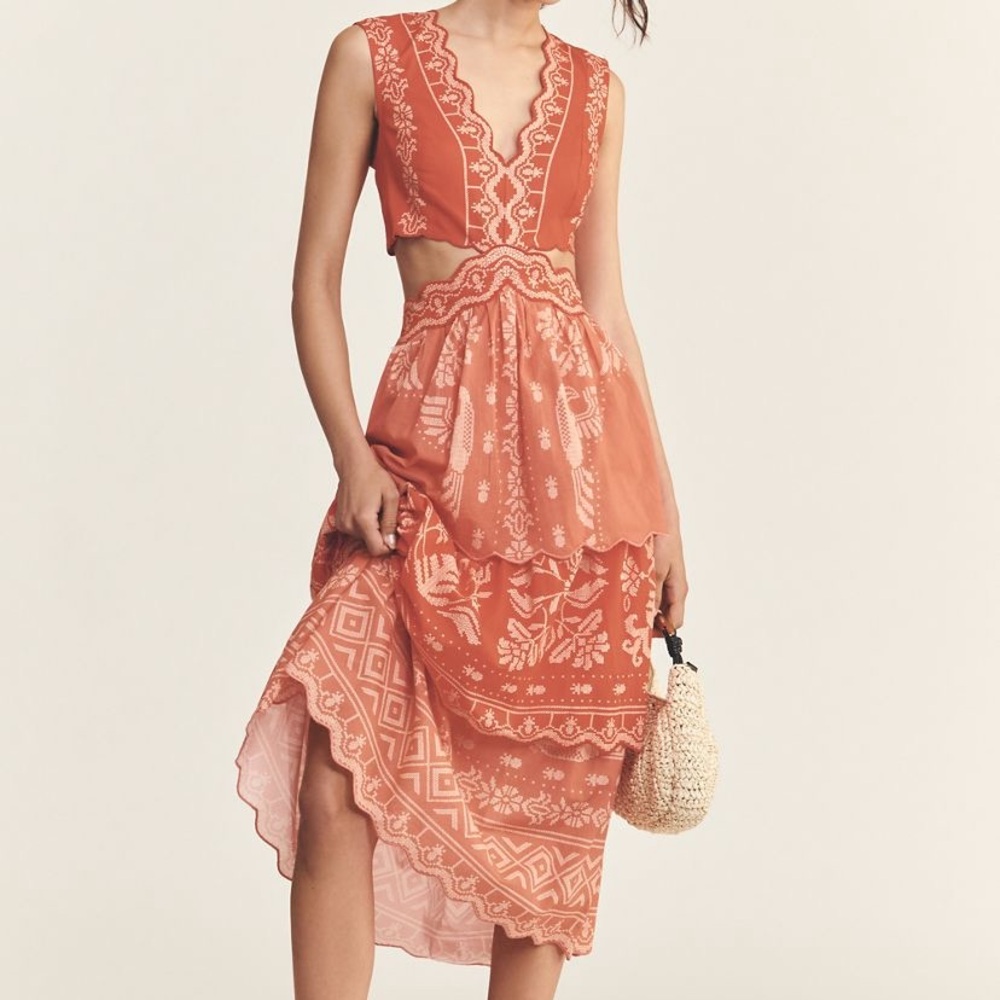 New FARM Rio x Anthropologie Tropical Cross Stitch Eyelet Tiered Midi Dress